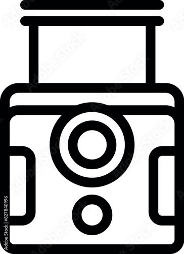 Vintage camera line icon in black and white, minimalistic and simple retro design, symbolizing oldfashioned photography equipment. Perfect for digital media and hobby industry