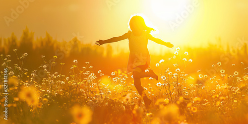 A vibrant yellow sun illuminates a young girl's playful leap through a field of wildflowers