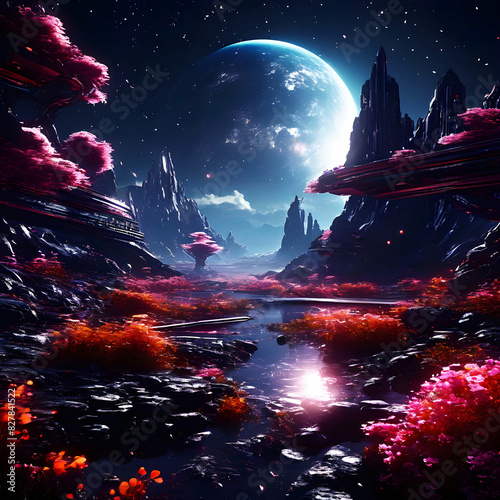 A sci-fi scene of a spaceship landing on a distant planet  with alien flora and fauna in the foreground and a spectacular galaxy visible in the night sky