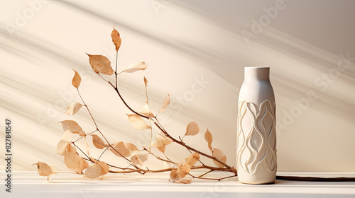 Home interior decor elements. Dry autumn tree branch with brown leaves and handmade vase near white wall with sunlight shadows © vejaa