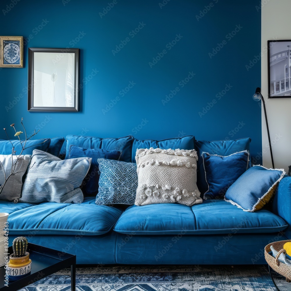 Obraz premium Cozy living room with a blue accent wall, a comfortable blue couch, and blue throw pillows, perfect for relaxation