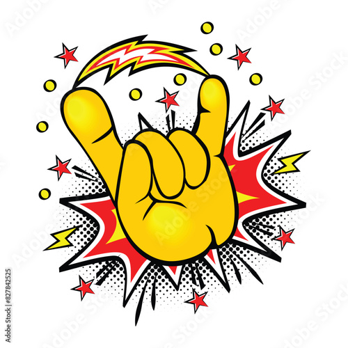 Devil horn gesture sign in comic style. Rock and roll, fan culture, hand gesturing concept. Vector on transparent background