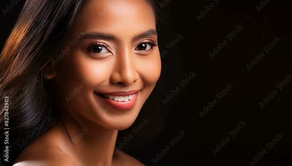 A woman with Soft smile, warm gaze, and a sense of tenderness. black background
