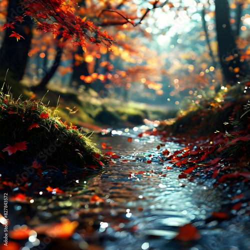 A serene forest in autumn, with golden and red leaves falling gently from the trees and a clear, sparkling stream running through the scene