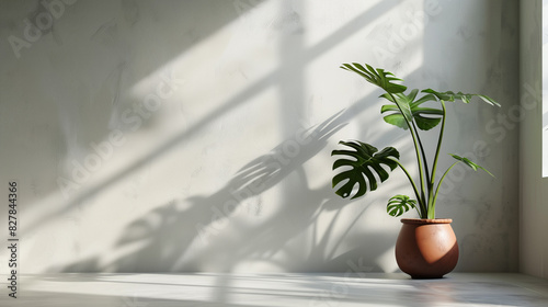 sfondo bianco di interno con luce proveniente da una finestra su parete vuota, pianta monstera deliciosa in vaso di terracotta sulla destra di spazio vuoto	minimale raffinato photo