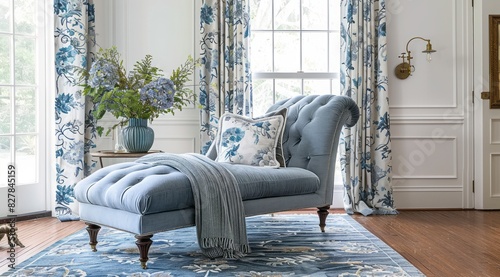Cozy living room with a blue chaise lounge, blue floral curtains, and a soft blue area rug, creating a relaxing atmosphere photo