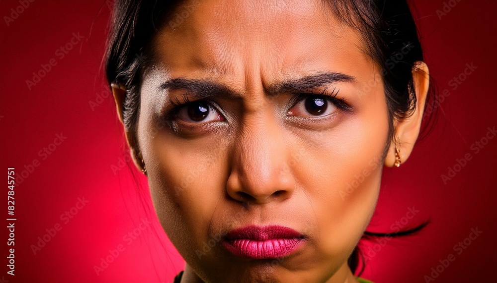 a woman Furrowed brow, puzzled expression, and a look of perplexity with red background a woman Furrowed brow, puzzled expression, and a look of perplexity with red background