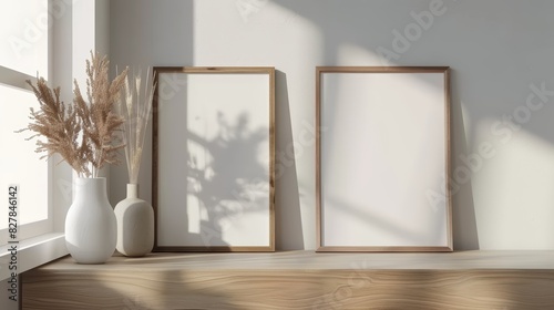 Two empty wooden frames on a wooden shelf with vases of dried flowers in sunlight. Minimalist decor photography for design and print photo