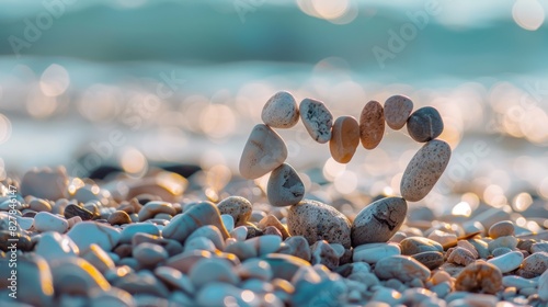 Heart-shaped stones balanced on a pebble beach with bokeh effect. Natural elements photography for design and prin photo