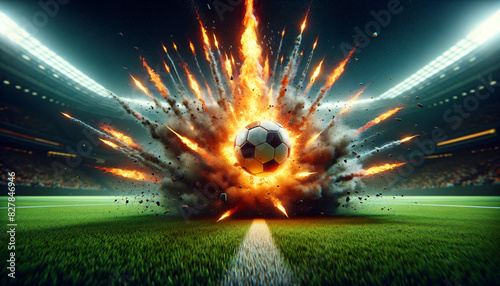 soccer ball meteorite impact in the stadium, Wallpaper, Background, Generative Ai