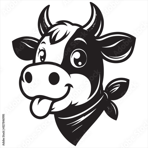 Cow face happy logo and white background vector illustration. Cute cow hand drawn flat stylish cartoon sticker icon concept isolated illustration.