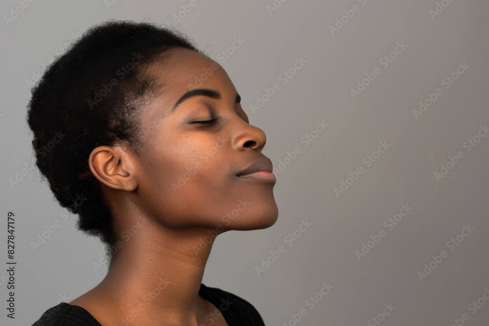 A close up of a black woman's face with her eyes closed looking to a side A close up of a black woman's face with her eyes closed looking to a side
