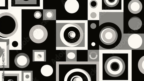 Design with squares and circles in black white and grey