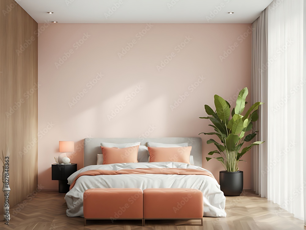 Modern Luxury Bedroom in Peach Fuzz Pastel Tone 2024 with Panton Furniture and Accent Pillows. Empty Beige Wall for Art. Apricot Crush. 3D Render. Modern Luxury Bedroom in Peach Fuzz Pastel Tone 2024 with Panton Furniture and Accent Pillows. Empty Beige Wall for Art. Apricot Crush. 3D Render.