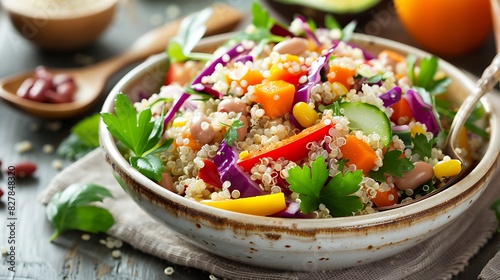 Nourishing bowl of quinoa salad served on a white ceramic dish, packed with colorful vegetables, protein-rich legumes, and a tangy vinaigrette dressing.