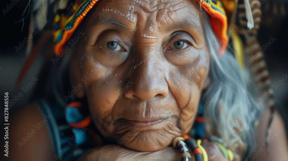 An old woman with feathers on her head.