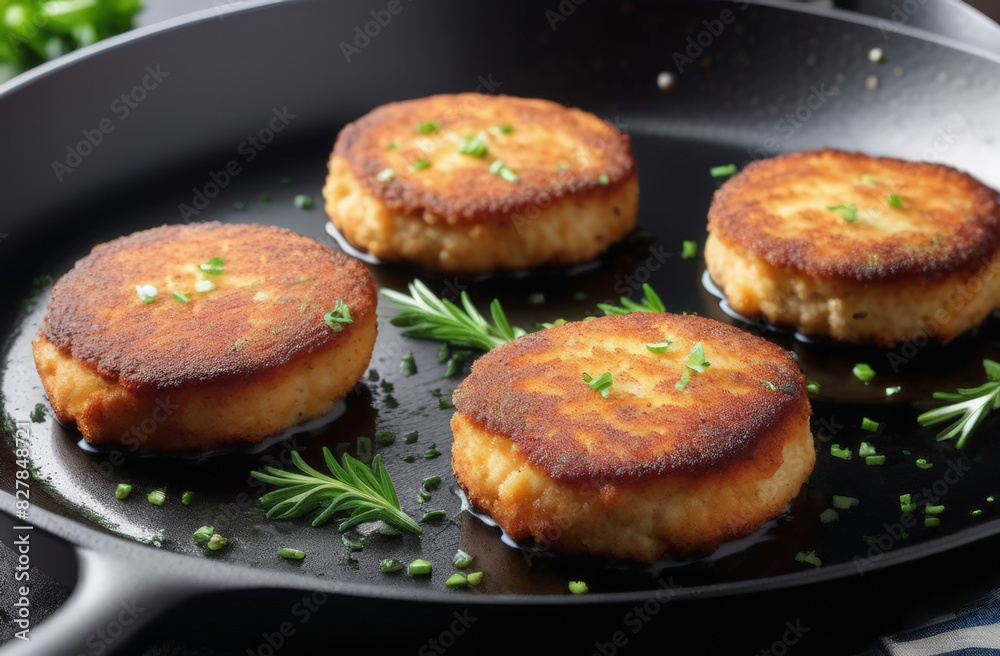 Fried Cutlets in a Black Skillet. Cutlets in macro photography on a black frying pan Fried Cutlets in a Black Skillet. Cutlets in macro photography on a black frying pan