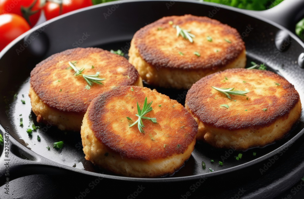 Fried cutlets in macro photography on a black frying pan. Fried cutlets in macro photography on a black frying pan Fried cutlets in macro photography on a black frying pan. Fried cutlets in macro photography on a black frying pan