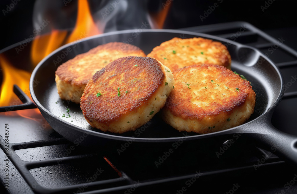 Close-Up of Fried Cutlets in a Black Frying Pan. Close-Up of Fried Cutlets in a Black Frying Pan.