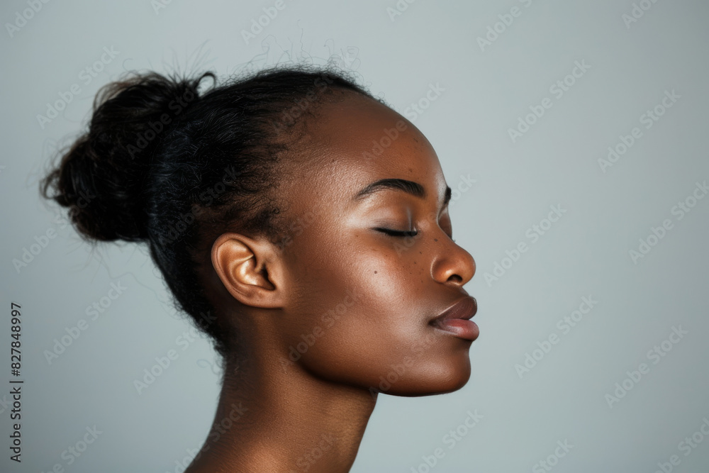 A close up of a black woman's face with her eyes closed looking to a side
