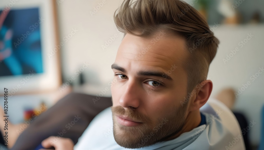 A man with a beard sitting on a couch. A man with a beard sitting on a couch.