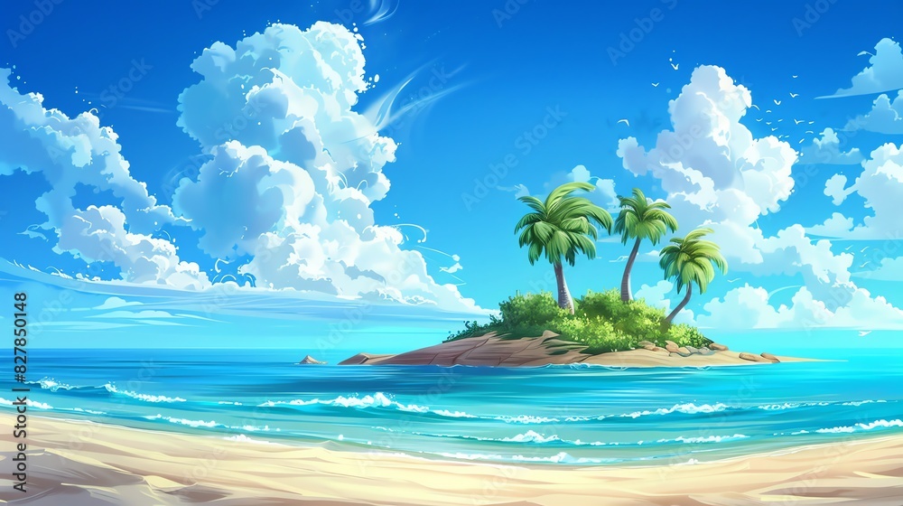 Fototapeta premium Sunny beach with palm trees and fluffy clouds.