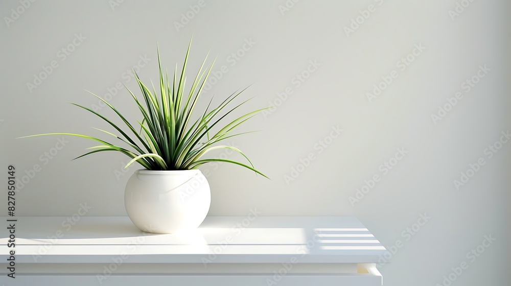 plant in white vase resting elegantly on a pristine white table, evoking images of sunny shores and gentle melodies.