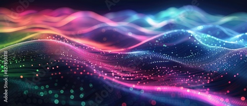 Colorful digital landscape with glowing particles and waves.