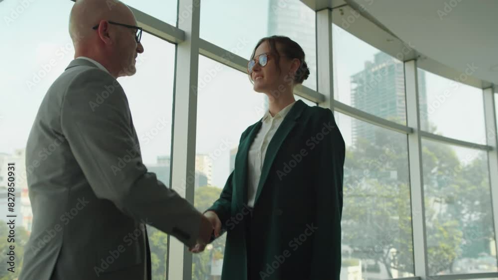 Low angle view of young female manager shaking hands of mature male investor meeting at modern office with panoramic windows Low angle view of young female manager shaking hands of mature male investor meeting at modern office with panoramic windows