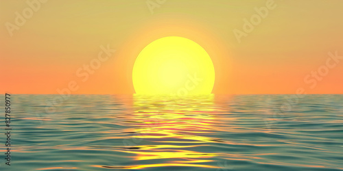 A bright yellow sun peeks over a calm ocean horizon