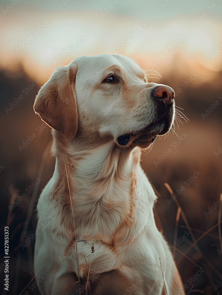 A Labrador Retriever is in the background of an open field at sunset, with a cinematic feel and high-definition photo quality. A Labrador Retriever is in the background of an open field at sunset, with a cinematic feel and high-definition photo quality.