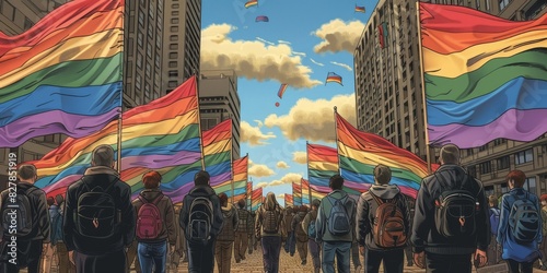 Group of People Walking Down Street Holding Rainbow Flags Pride Month celebration Generative AI