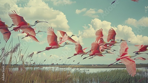 Roseate Spoonbills Flying Over Coastal Wetland