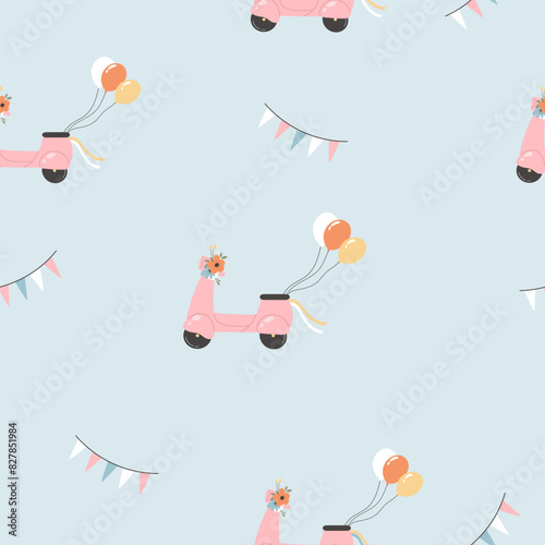 Seamless pattern with pink scooters decorated with flowers on blue background