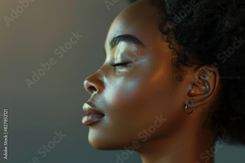 A close up of a black woman's face with her eyes closed looking to a side