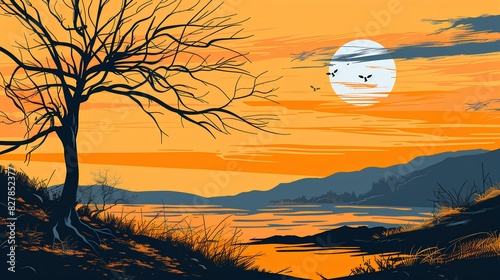 The orange sky is setting, and the white moon hangs in the center of it. The silhouette tree stands on both sides in the style of the river with mountains behind them. 