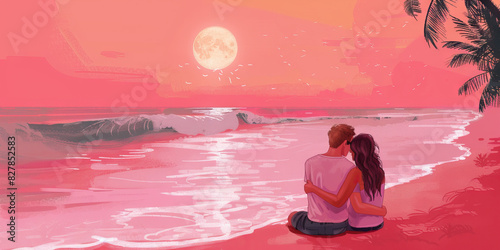 Pink Paradise - A young couple cuddles on a soft, sandy beach, watching the waves roll in, their eyes fixed on the brilliant pink hues of the setting sun