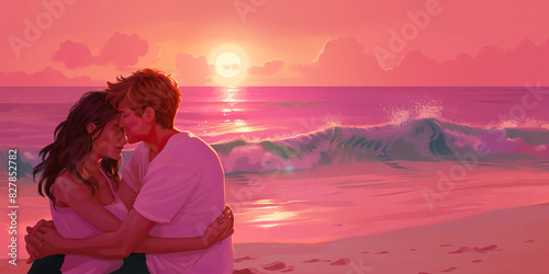 Pink Paradise - A young couple cuddles on a soft, sandy beach, watching the waves roll in, their eyes fixed on the brilliant pink hues of the setting sun photo