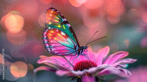 A colorful butterfly perched atop a pink flower its wings od wide. photo
