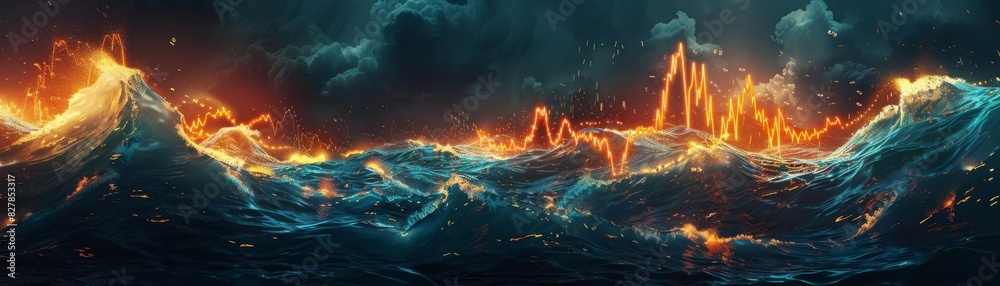 Obraz premium The volatility of the market captured in a scene where fiery economic lines surge through a tempestuous sea, symbolizing financial uncertainty