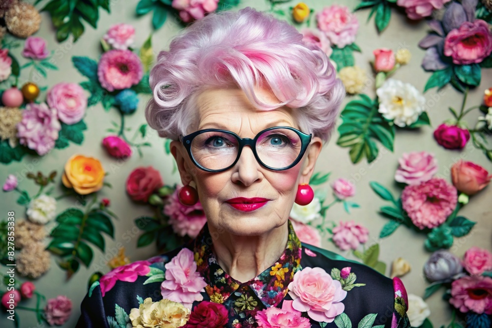 Portrait of a stylish, fashionable elderly woman, a pensioner of 70 years old, wearing glasses and clothes with floral prints. The concept of the elderly. Portrait of a stylish, fashionable elderly woman, a pensioner of 70 years old, wearing glasses and clothes with floral prints. The concept of the elderly.