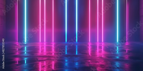 Wallpaper Mural Futuristic Sci-Fi Abstract Blue And Purple Neon Light Shapes On Black Background And Reflective Concrete With Empty Space For Text 3D Rendering Illustration. High quality photo Torontodigital.ca