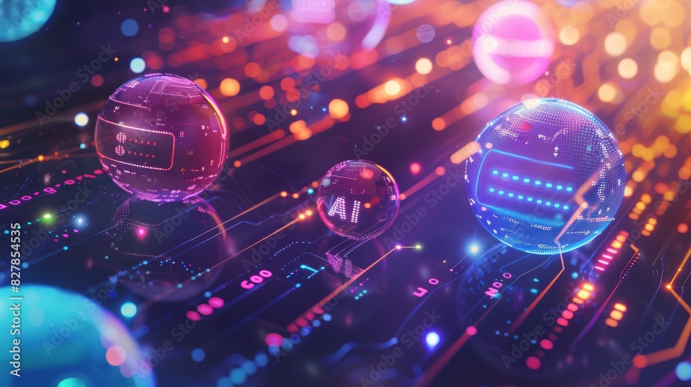 3d illustration For Artificial Intelligence Concept. A digital illustration of holographic chat bubbles with AI text, floating over an abstract background filled with code lines and binary numbers 3d illustration For Artificial Intelligence Concept. A digital illustration of holographic chat bubbles with AI text, floating over an abstract background filled with code lines and binary numbers