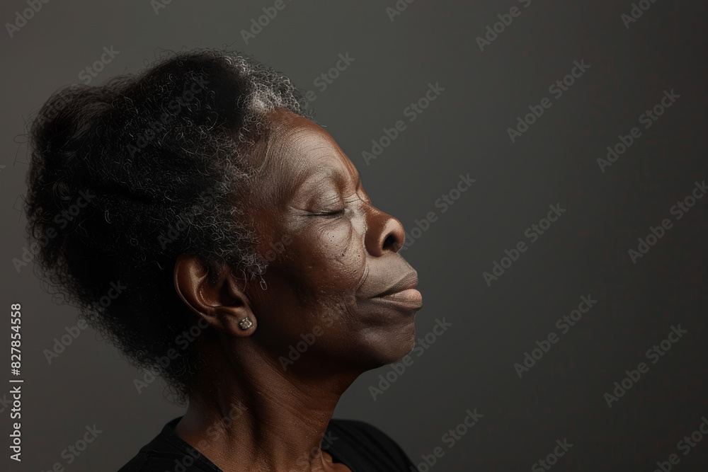 A close up of a black woman's face with her eyes closed looking to a side A close up of a black woman's face with her eyes closed looking to a side