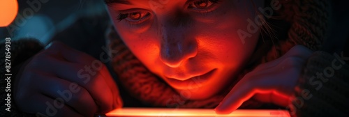 Close-up of a persons face lit by a glowing cell phone screen in a dimly lit room
