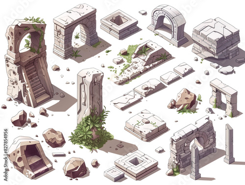 Various Game Assets of Ancient Stone Ruins With different architectural fragments such as arches, pillars, and steps.