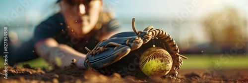 Closeup of a softball players glove catching a baseball photo