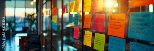 Various colorful sticky notes with code snippets attached to a glass wall in an office setting