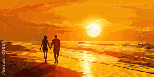 Golden Sunset - A couple strolls hand in hand along a picturesque beach as the setting sun paints the sky in warm hues of gold and orange