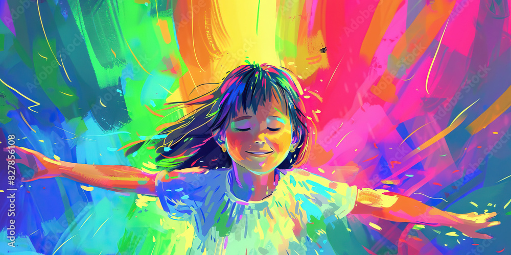 Nature's Spectacle: The Joyful Girl and Her Rainbow Path